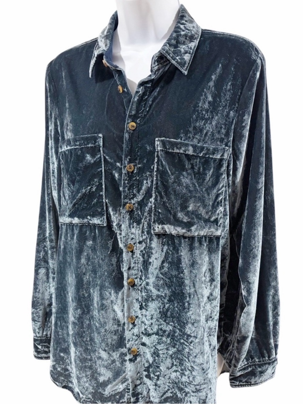PILCRO Light Blue Slate Gray Button-Up Shirt Jacket in Crushed Velvet